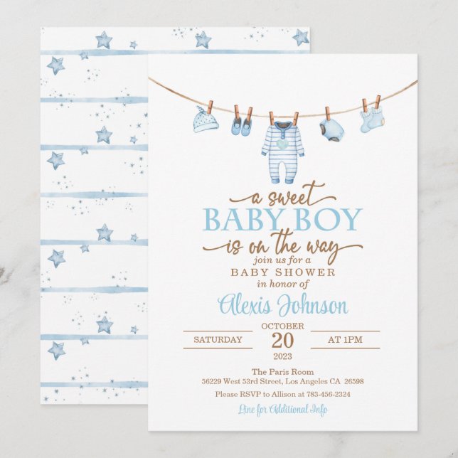 Baby shower Vêtements pour bébés Invitation - Bleu (Devant / Derrière)