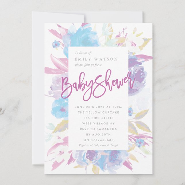 Baby shower violet Invitation Floral Aquarelle (Devant)