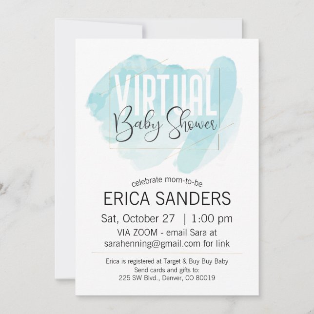 Baby shower virtuel Blue Watercolor Invitation (Devant)