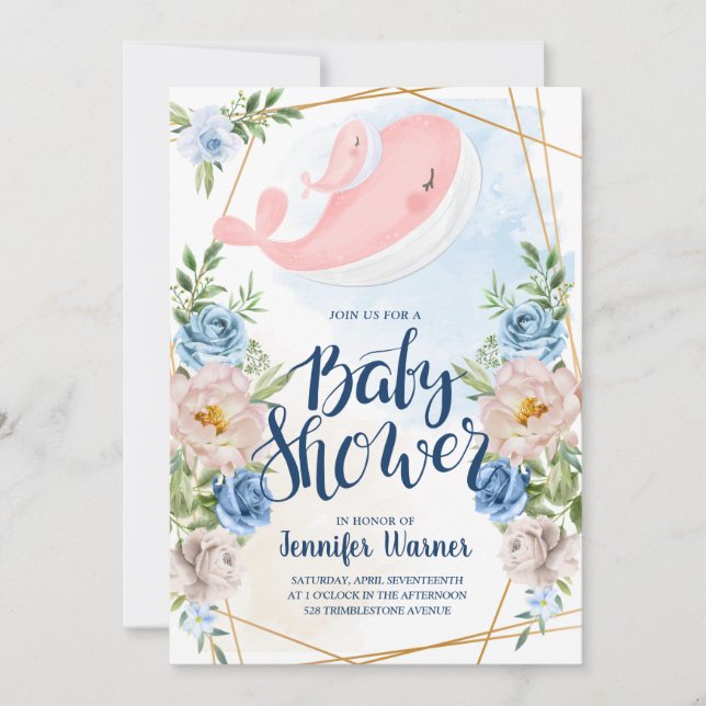 Baby shower | Watercolor Pink Whale Invitation (Devant)