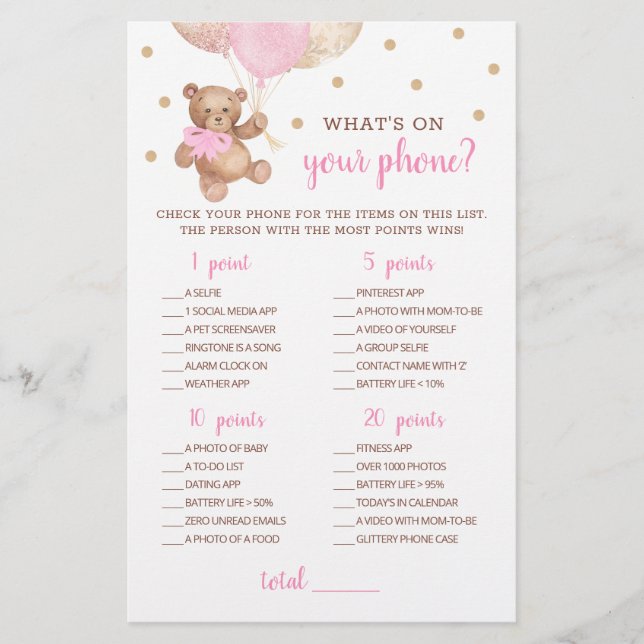Baby Shower WHat's On Your Phone Game Teddy Bären (Vorderseite)