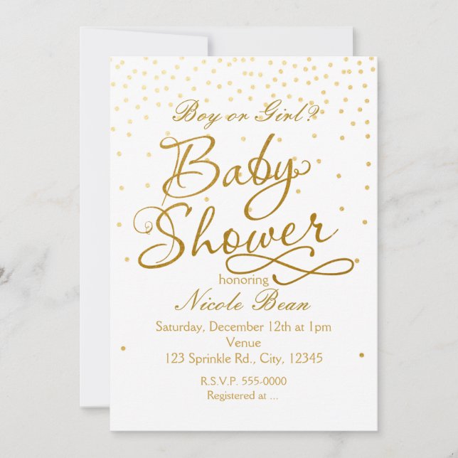 BABY SHOWER White & Gold Confetti Dot Einladungen (Vorderseite)