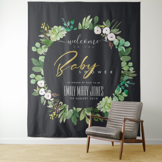 BABY SHOWER WILLKOMMEN IN WREATH FOLIAGE WATERCOLO WANDTEPPICH (Beispiel)