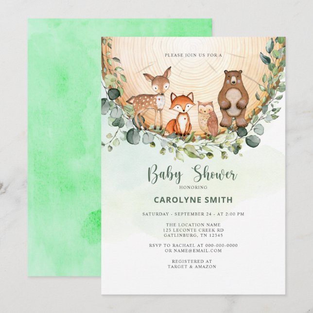 Baby Shower Woodland Forest Greenery Wild Animals Einladung (Vorne/Hinten)