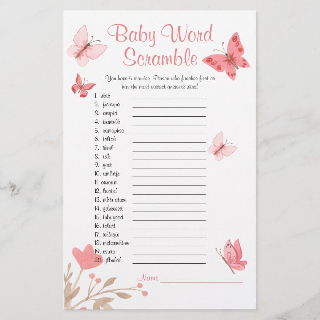 Baby Shower Word Scramble Game Pink Butterfly Flyer (Vorne)