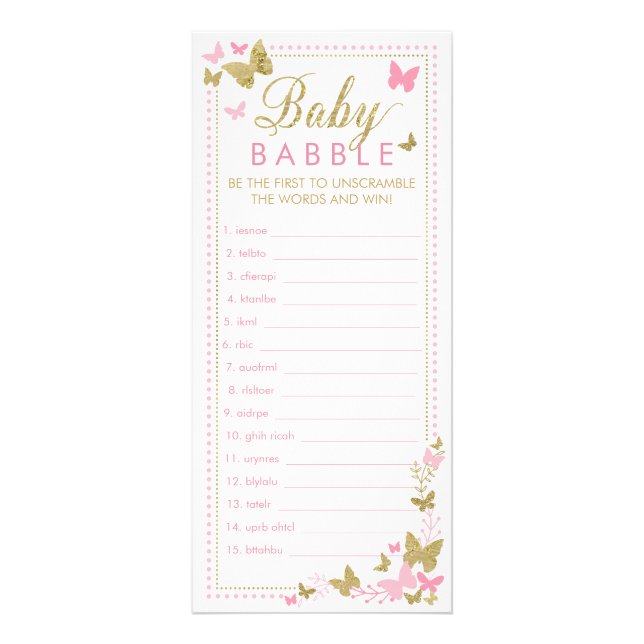 Baby Shower Word Scramble Game, Schmetterlinge Werbekarte (Vorne)