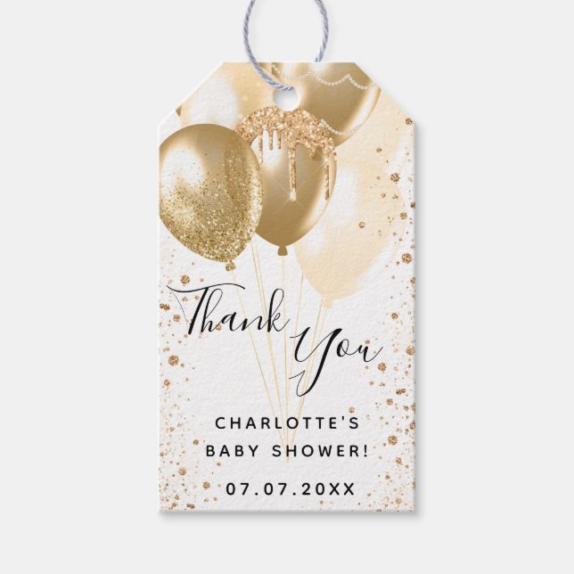 Baby Showgold Weißer Glitzer Ballon Danke Geschenkanhänger (Vorderseite)