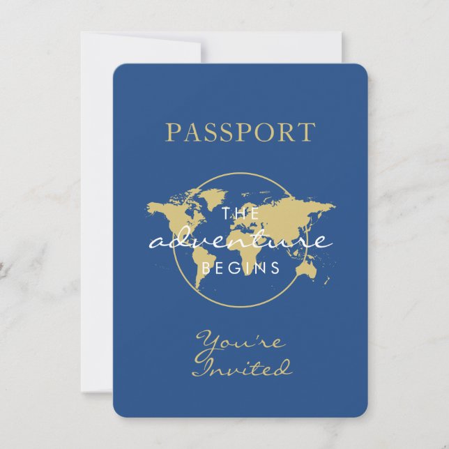 Baby Showpass Reisethema Blue Gold Einladung (Vorderseite)