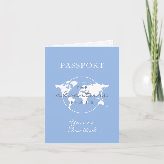 Baby Showpass Reisethema Dusty Blue Einladung (Vorderseite)