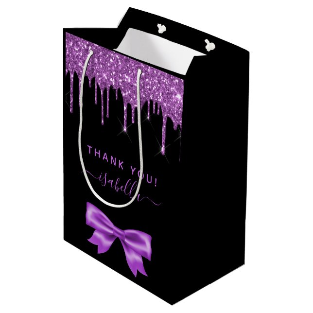 Baby Showschwarz lila Glitzer Danke für Ihre Unter Mittlere Geschenktüte (Rückseite Schrägansicht)