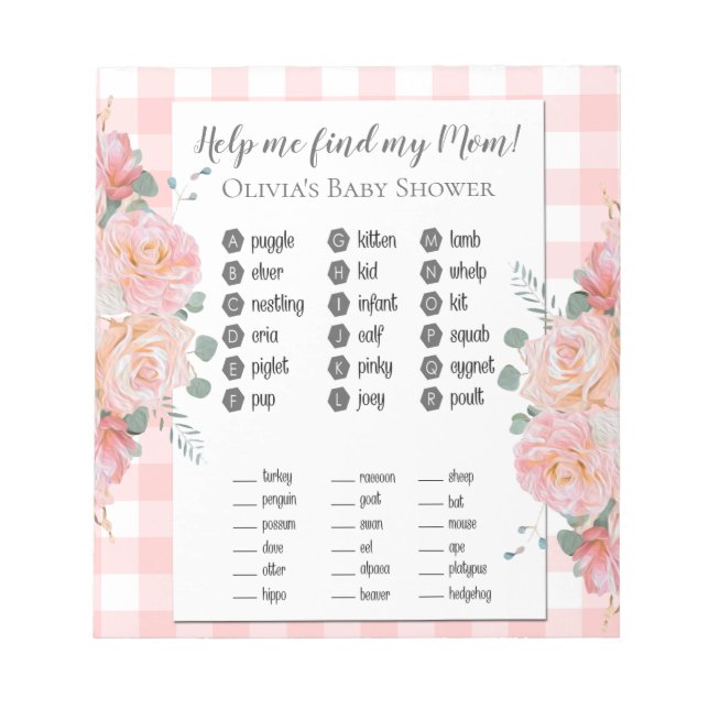 Baby Showspiele Meine Mama Coral Rose Gingham Notizblock (Vorderseite)
