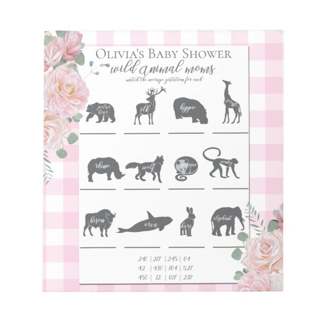 Baby Showspiele Pink Roses Gingham Notizblock (Vorderseite)
