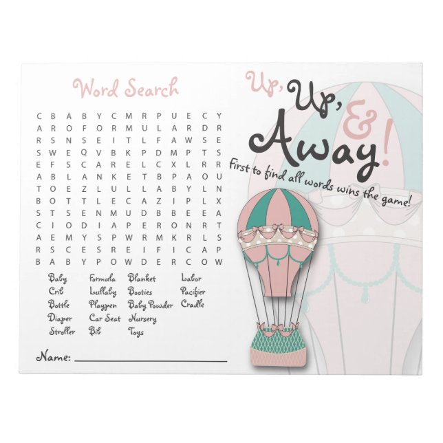 Baby Showspiele, Word Search, Hot Air Ballon Notizblock (Vorderseite)