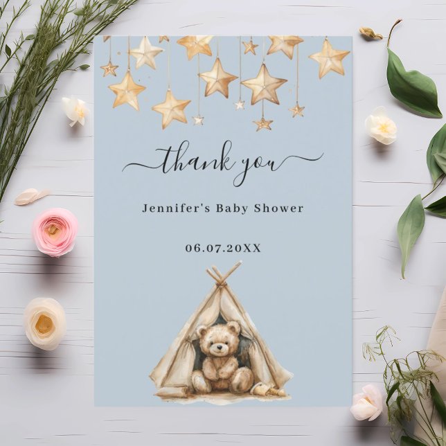Baby Showteddy Bärenjunge Sterne Zelt blau Dankeskarte (Von Creator hochgeladen)