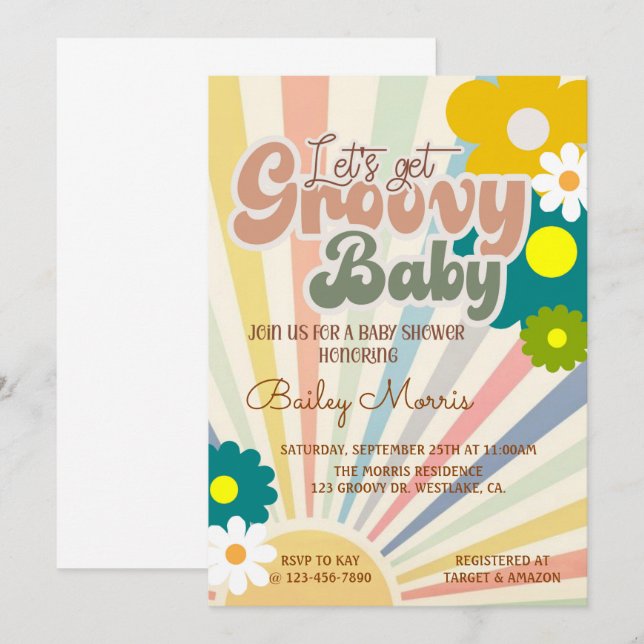BABY SHOWY, GROOVY BABY, EINLADUNG (Vorne/Hinten)
