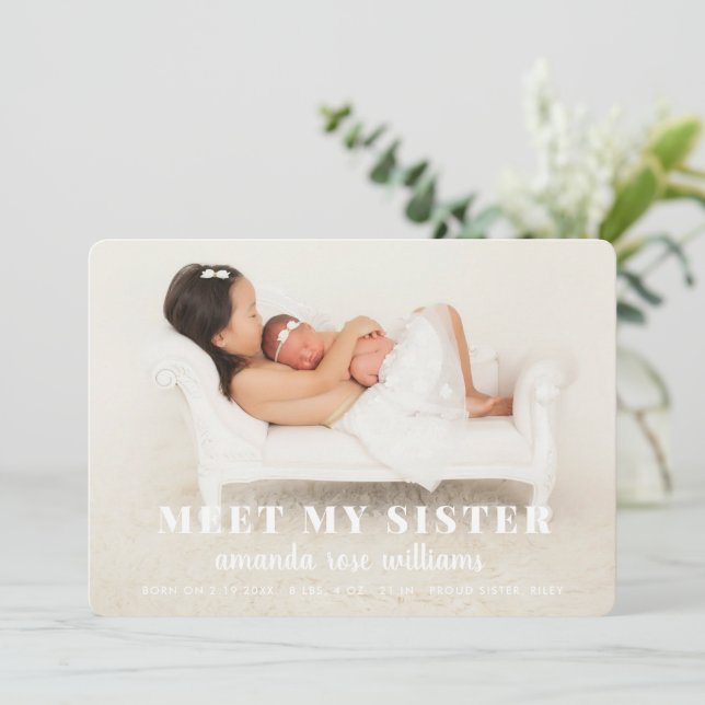 Baby Sister Birth Announccard Einladung (Stehend Vorderseite)