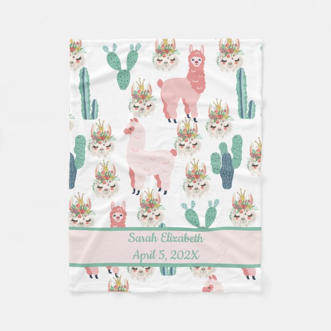Baby sitzt Niedlich Pink Lama's and Green Cactus B Fleecedecke (Vorderseite)