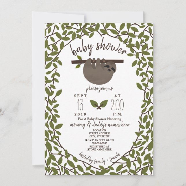 Baby Sloth Baby Shower Greenery Einladung (Vorderseite)