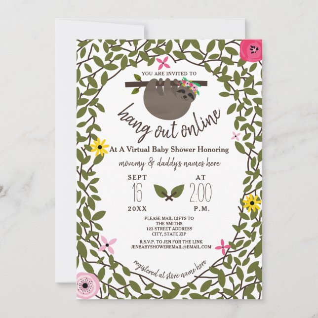 Baby Sloth Floral Virtual Online Girl Baby Dusche Einladung (Vorderseite)