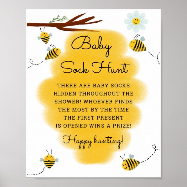 Baby Sock Hunt Bee Theme Baby Showspiele Schild (Vorne)