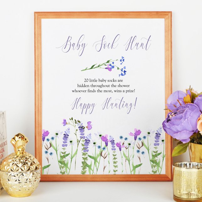 Baby Sock Hunt Lila Wildblume Baby Showspiel Poster (Baby Shower game sign from my Purple Wildflower Collection. Order printed or as a printable)