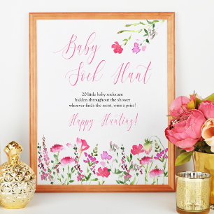 Baby-Socken-Suche Rosa Wildblumen Baby Shower Spie Poster