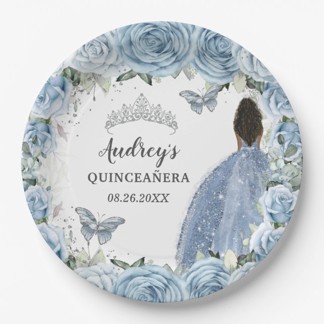 Baby Soft Blue Floral Butterfells Brown Princess Pappteller (Vorderseite)