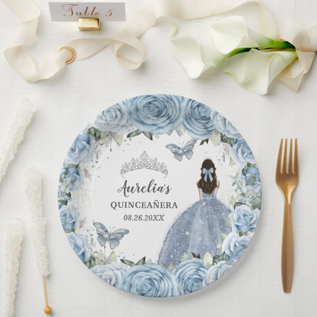 Baby Soft Blue Floral Butterfells Silver Princess Pappteller (Hochzeit)