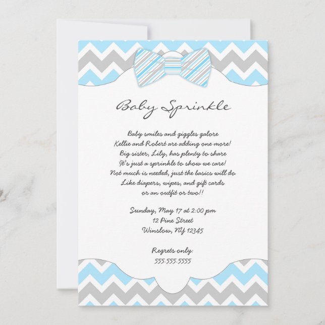 Baby Sprinkle Blue Bow Krawatte Babydusche lädt ei Einladung (Vorderseite)