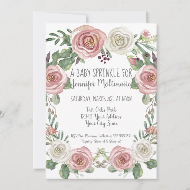 Baby Sprinkle Dusche Pastel Rosa Weiße Rose Blüte Einladung (Vorderseite)