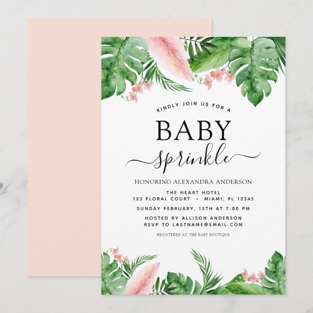 Baby Sprinkle Dusche Tropical Palm Floral Einladung (Vorne/Hinten)