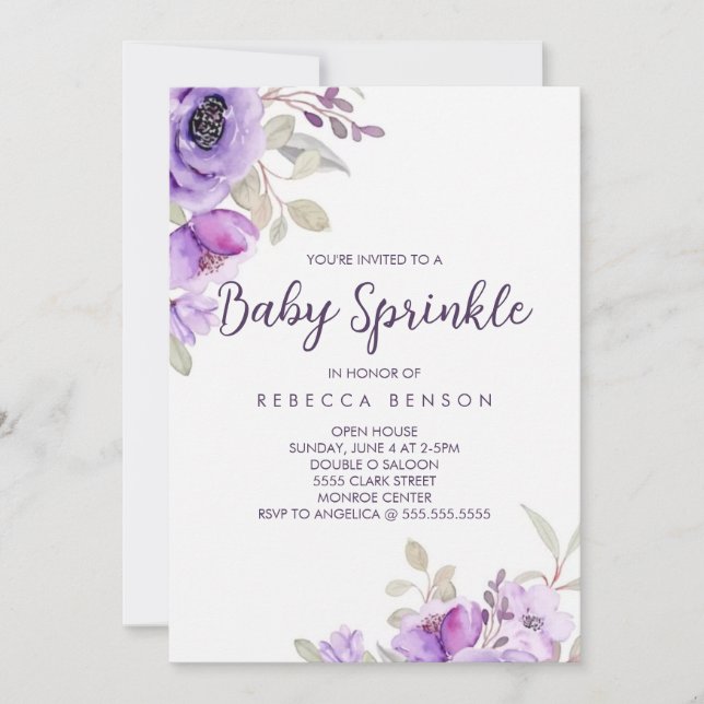 Baby Sprinkle Einladung Lila Blumendesign (Vorderseite)
