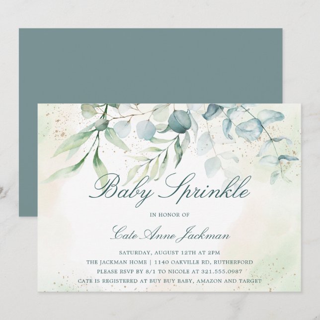 Baby Sprinkle Gender Neutral Eukalyptus Greenery Einladung (Vorne/Hinten)