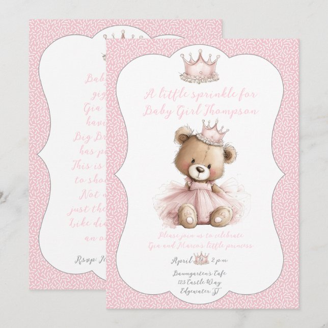 Baby Sprinkle Invitation Teddy Bear Princess (Devant / Derrière)