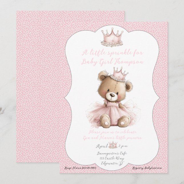Baby Sprinkle Invitation Teddy Bear Princess Einladung (Vorne/Hinten)