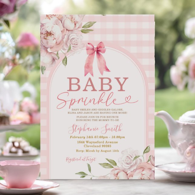Baby Sprinkle Pink Gingham Floral Arch Baby Dusche Einladung (Von Creator hochgeladen)