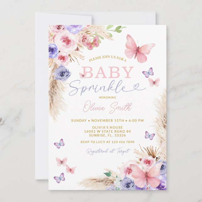 Baby Sprinkle Pink Lila Schmetterlinge Einladung (Vorderseite)