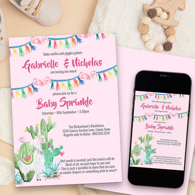 Baby Sprinkle Pink Llama Babydusche Einladung (Cute llama and fiesta themed girls baby sprinkle invitation)