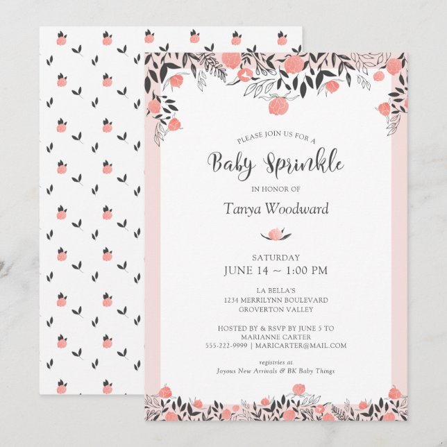 Baby Sprinkle Rose Gold Blush Pink Grau Einladung (Vorne/Hinten)
