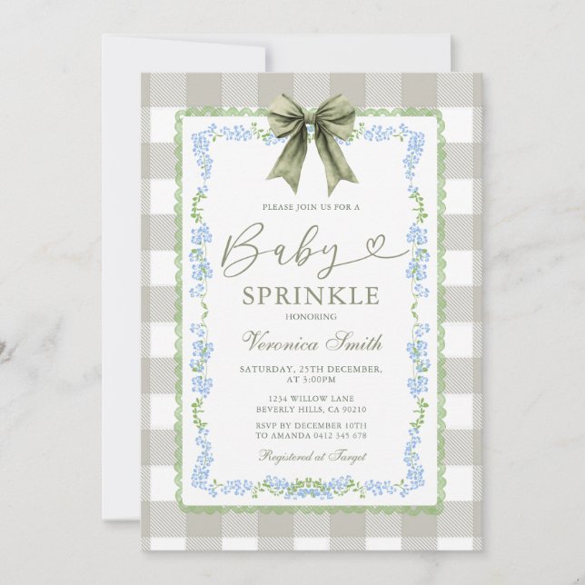 Baby Sprinkle Sage Gingham Floral Bow Invitation  Einladung (Vorderseite)