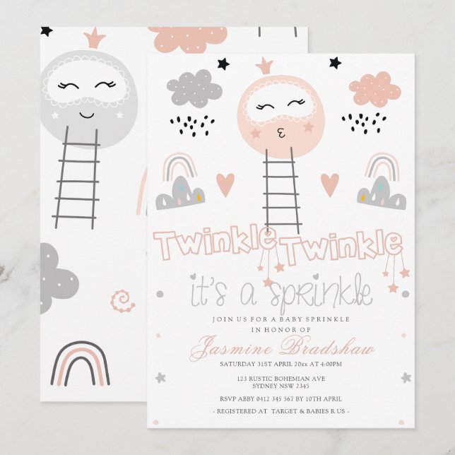 Baby Sprinkle Weg zum Mond Rosa Einladung (Vorne/Hinten)