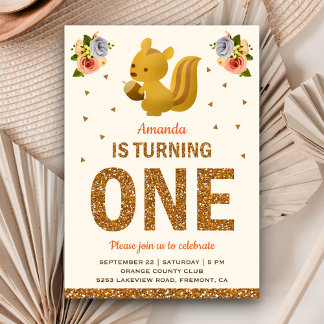 Baby Squirrel Girls Woodland Floral Erster Geburts Einladung