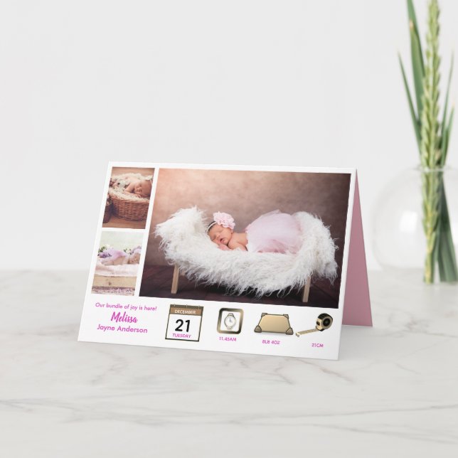 Baby STATS MÄDCHEN GEBURTSANKÜNDIGUNG FOTO COLLAGE Karte (Vorderseite)