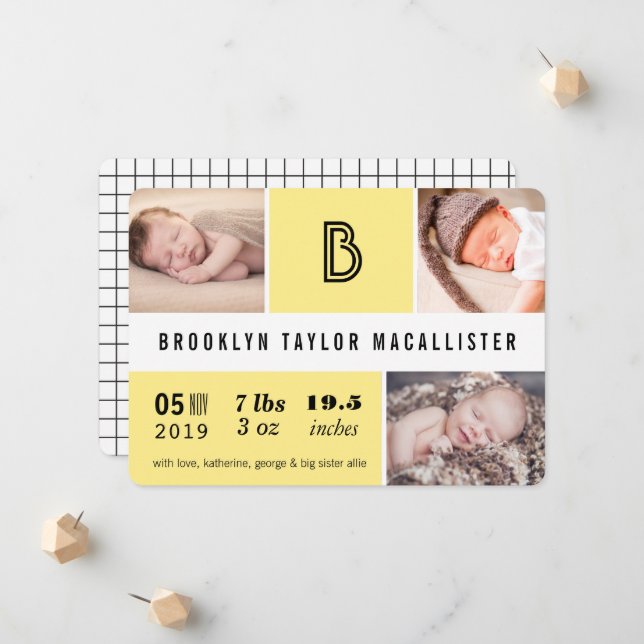 Baby Stats Monogram Gelb Farbblock Foto Birne Ankündigung (Vorderseite/Rückseite Beispiel)