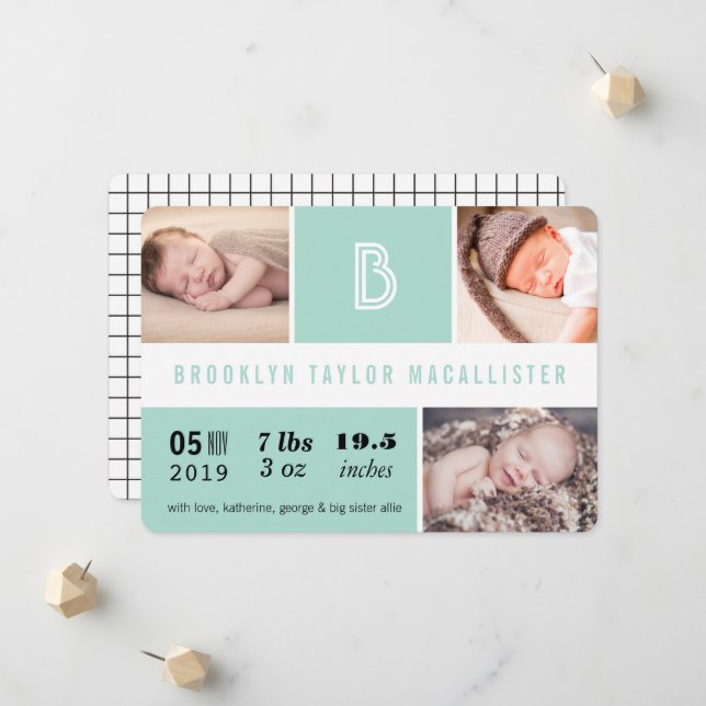 Baby Stats Monogram Green Color Block Foto Birth Ankündigung (Vorderseite/Rückseite Beispiel)