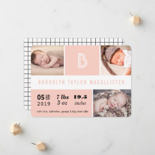 Baby Stats Monogram Pink Color Blocks Foto Birth Ankündigung