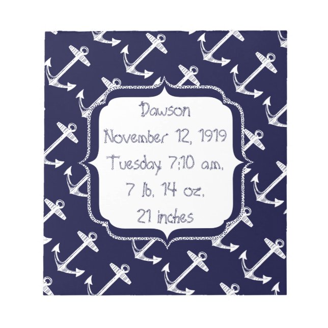 Baby Stats Nautical Navy Anchor Muster Notizblock (Vorderseite)