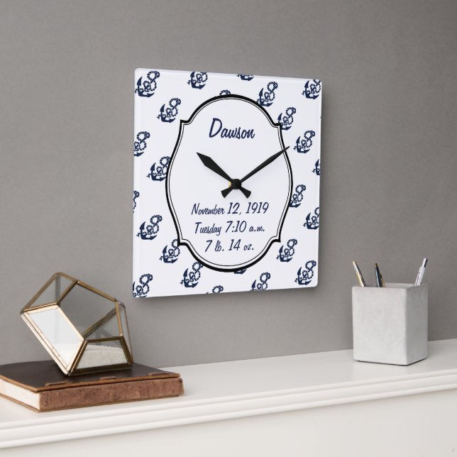 Baby Stats Nautical Navy Anchor Muster Quadratische Wanduhr (Büro)