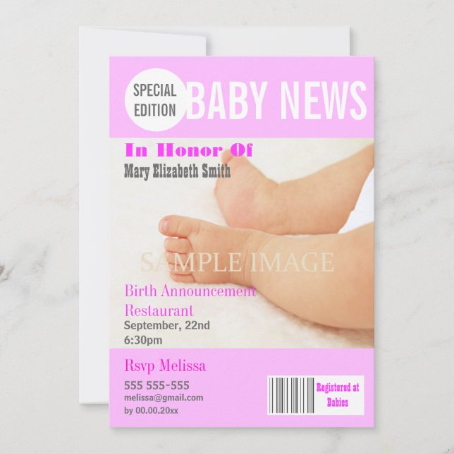 Baby Storch Party Magazin Stil PERSONALIZE Einladung (Vorderseite)