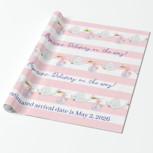 Baby-Storch-Verpackungspapier Rosa & Weiß gestreif Geschenkpapier
